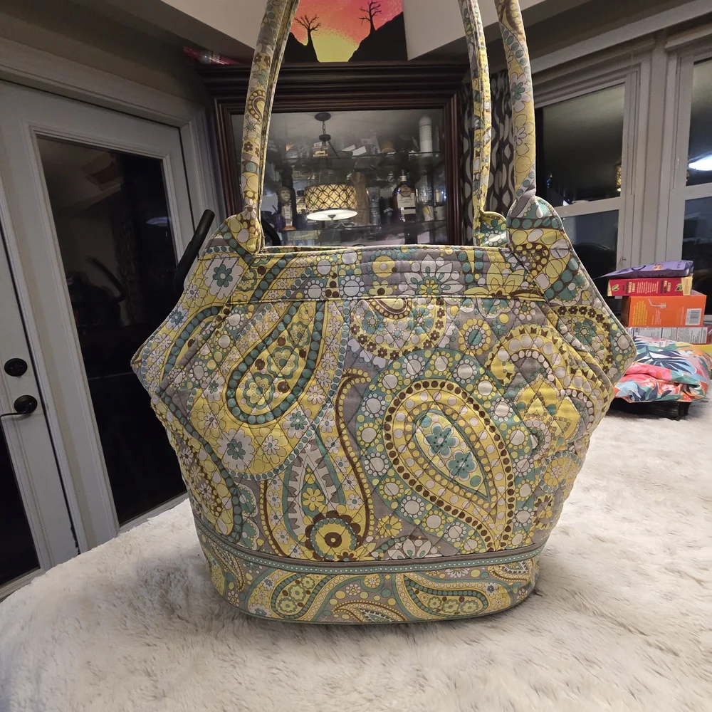 Vera Bradley Paisley‎ Tote Bag - Yellow Gray Green Floral Zip Closure